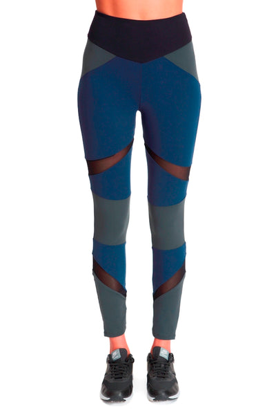 Brushed Tri Colour Panel Leggings - Navy Green Black