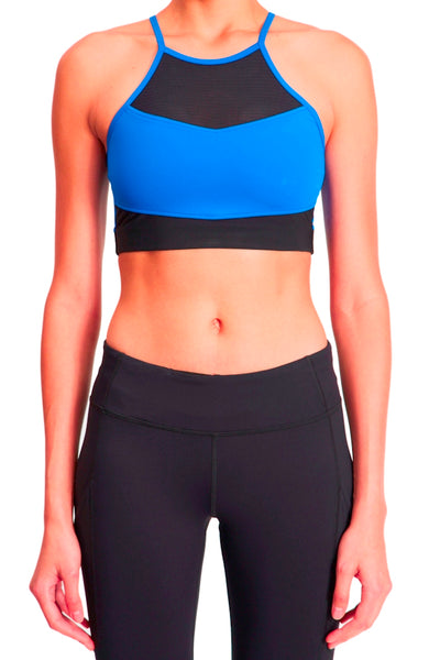 Cutaway Halter Colour Blocked Bra - Black Blue