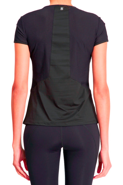 Cap Sleeve Tee with Mesh Inset Panels - Black