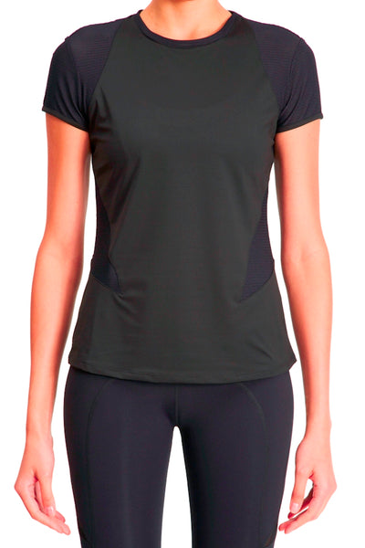 Cap Sleeve Tee with Mesh Inset Panels - Black