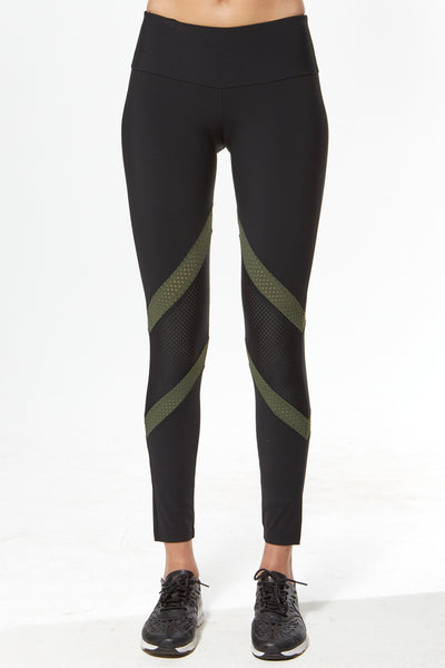 Tri Colour Blocked Legging (Medium Compression) - Black with Military Green